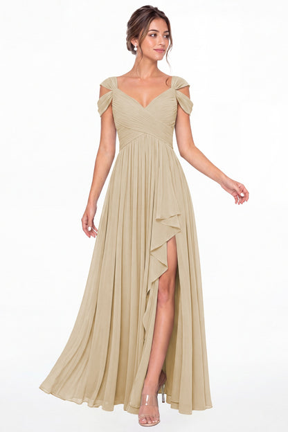Champagne V Neck Chiffon Ruched Ruffle Slit Bridesmaid Dress - Front View