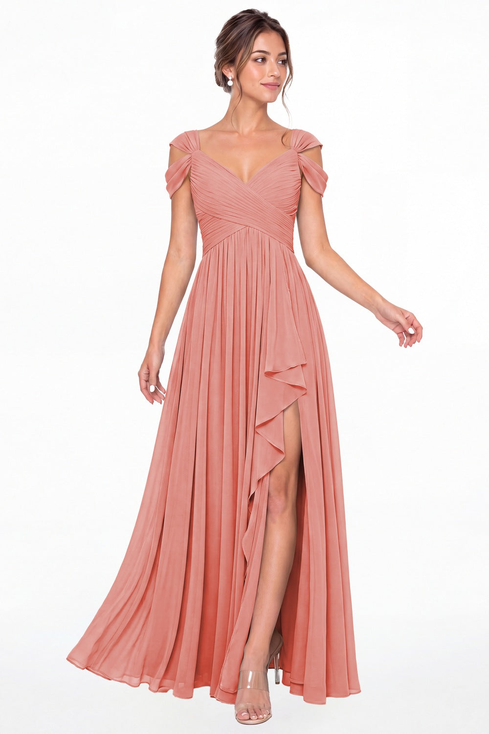 Coral V Neck Chiffon Ruched Ruffle Slit Bridesmaid Dress - Front View