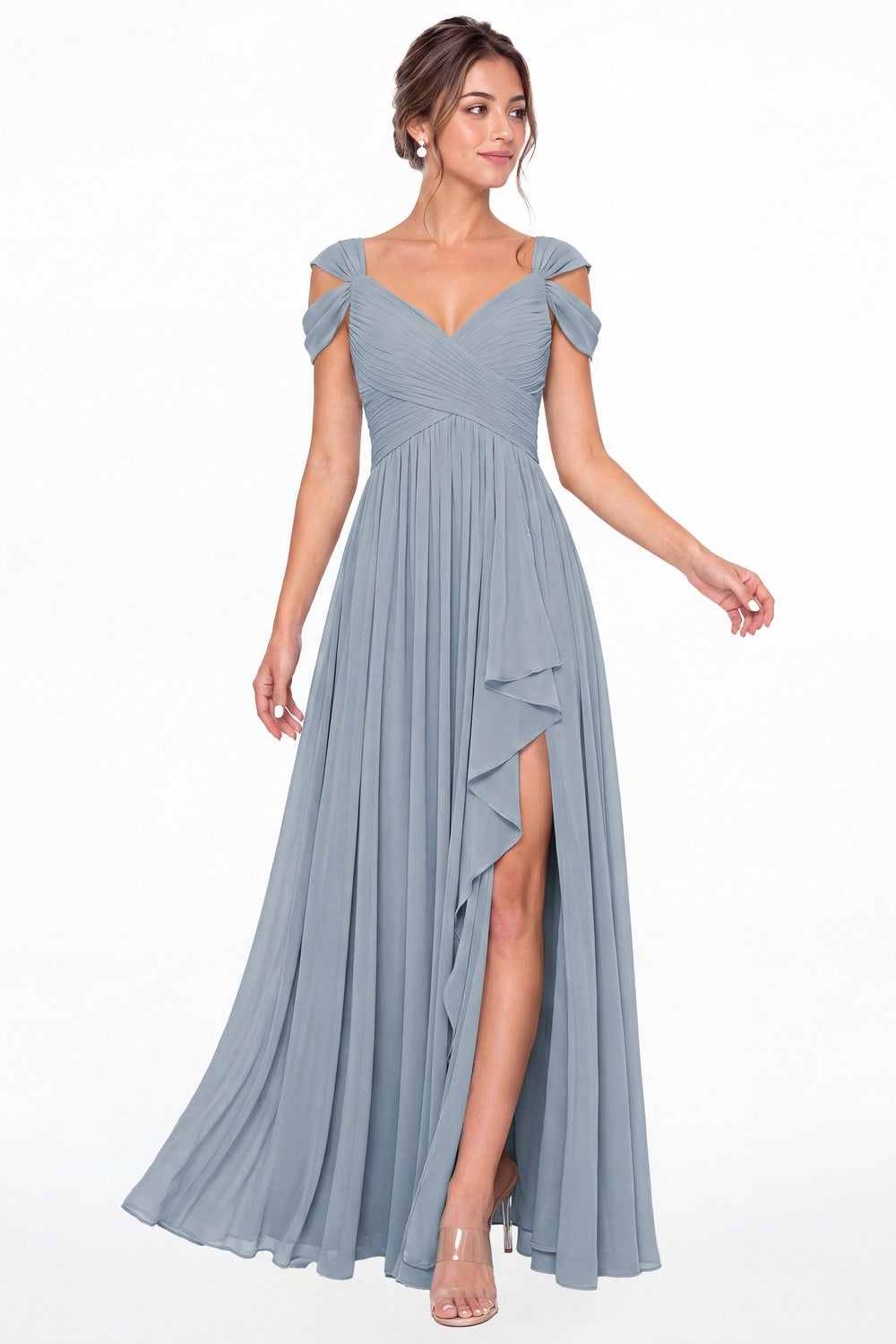 Dusty Blue V Neck Chiffon Ruched Ruffle Slit Bridesmaid Dress - Front View
