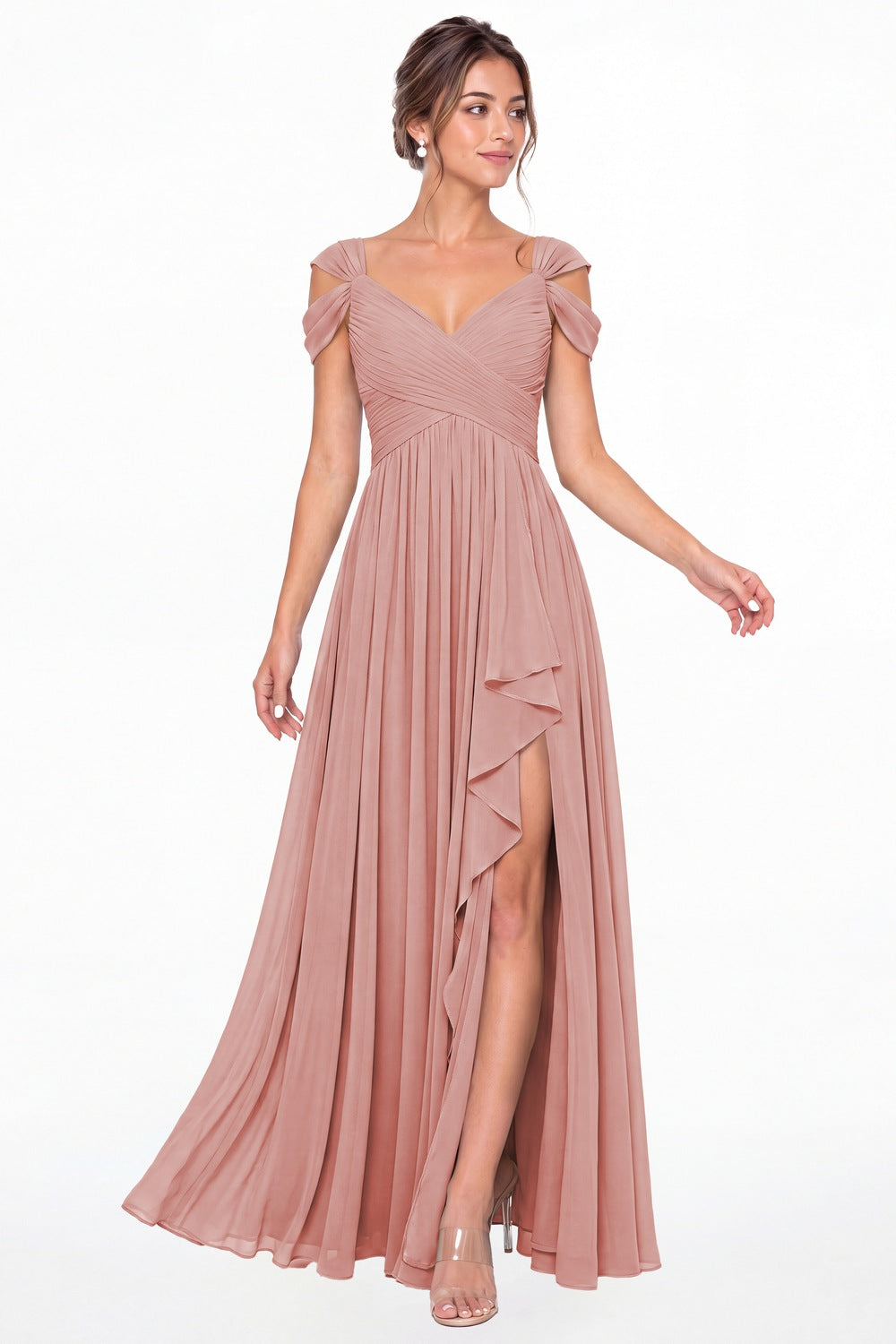 Dusty Rose V Neck Chiffon Ruched Ruffle Slit Bridesmaid Dress - Front View
