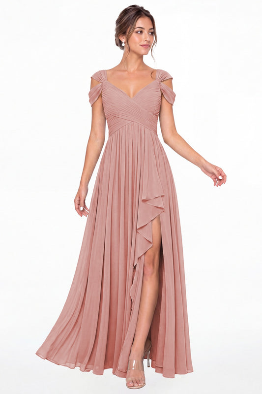 Dusty Rose V Neck Chiffon Ruched Ruffle Slit Bridesmaid Dress - Front View