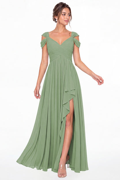 Dusty Sage V Neck Chiffon Ruched Ruffle Slit Bridesmaid Dress - Front View