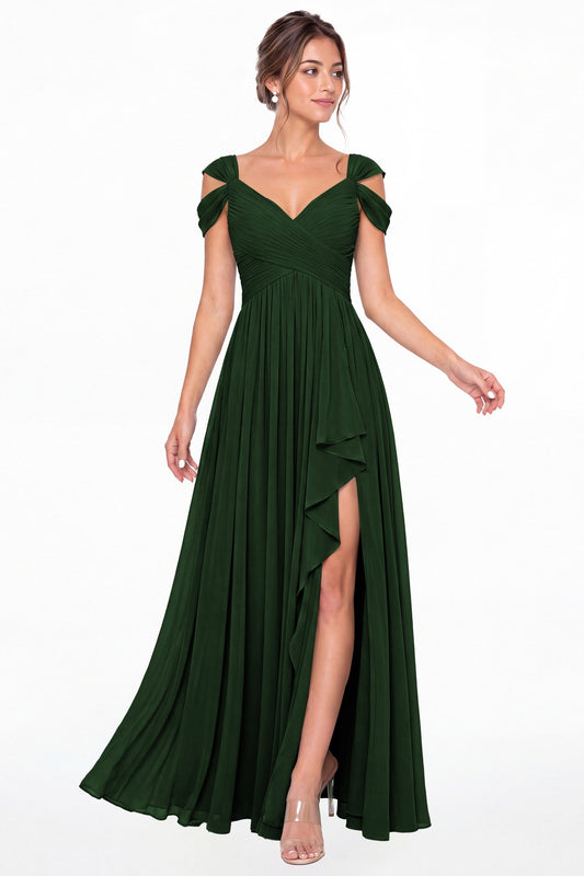 Emerald Green V Neck Chiffon Ruched Ruffle Slit Bridesmaid Dress - Front View