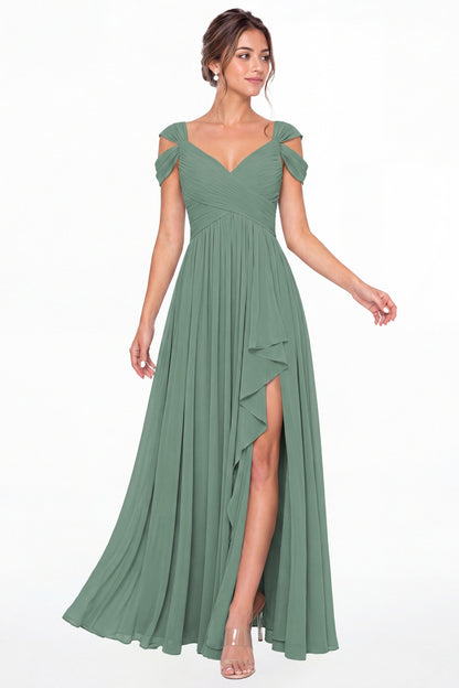Eucalyptus V Neck Chiffon Ruched Ruffle Slit Bridesmaid Dress - Front View