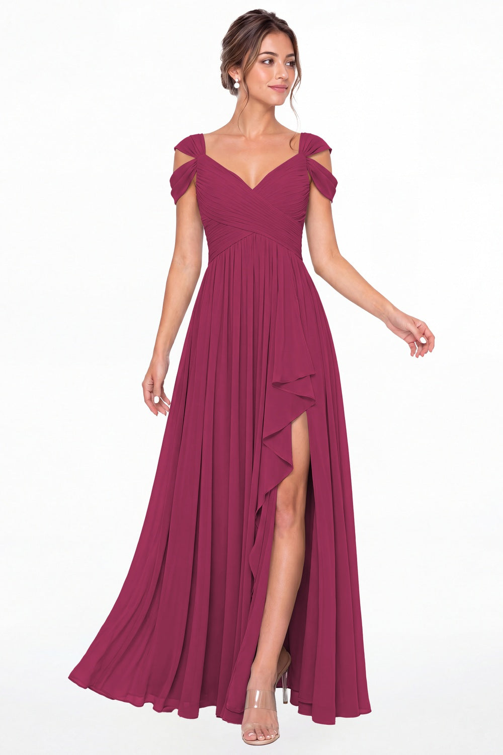 Fuchsia V Neck Chiffon Ruched Ruffle Slit Bridesmaid Dress - Front View
