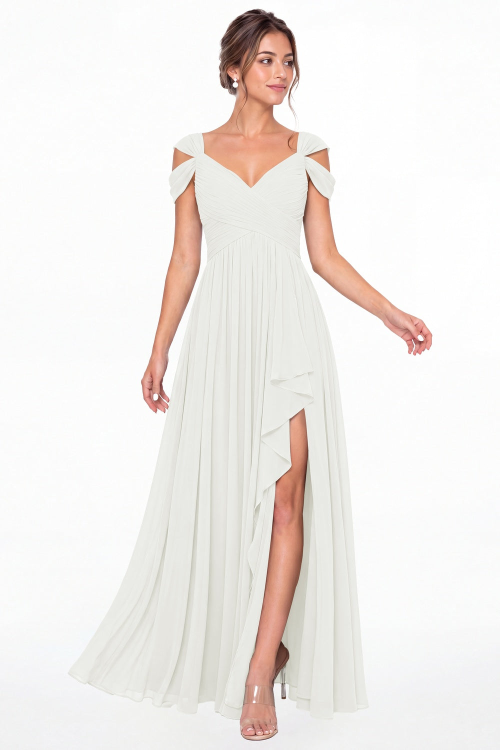 Ivory V Neck Chiffon Ruched Ruffle Slit Bridesmaid Dress - Front View