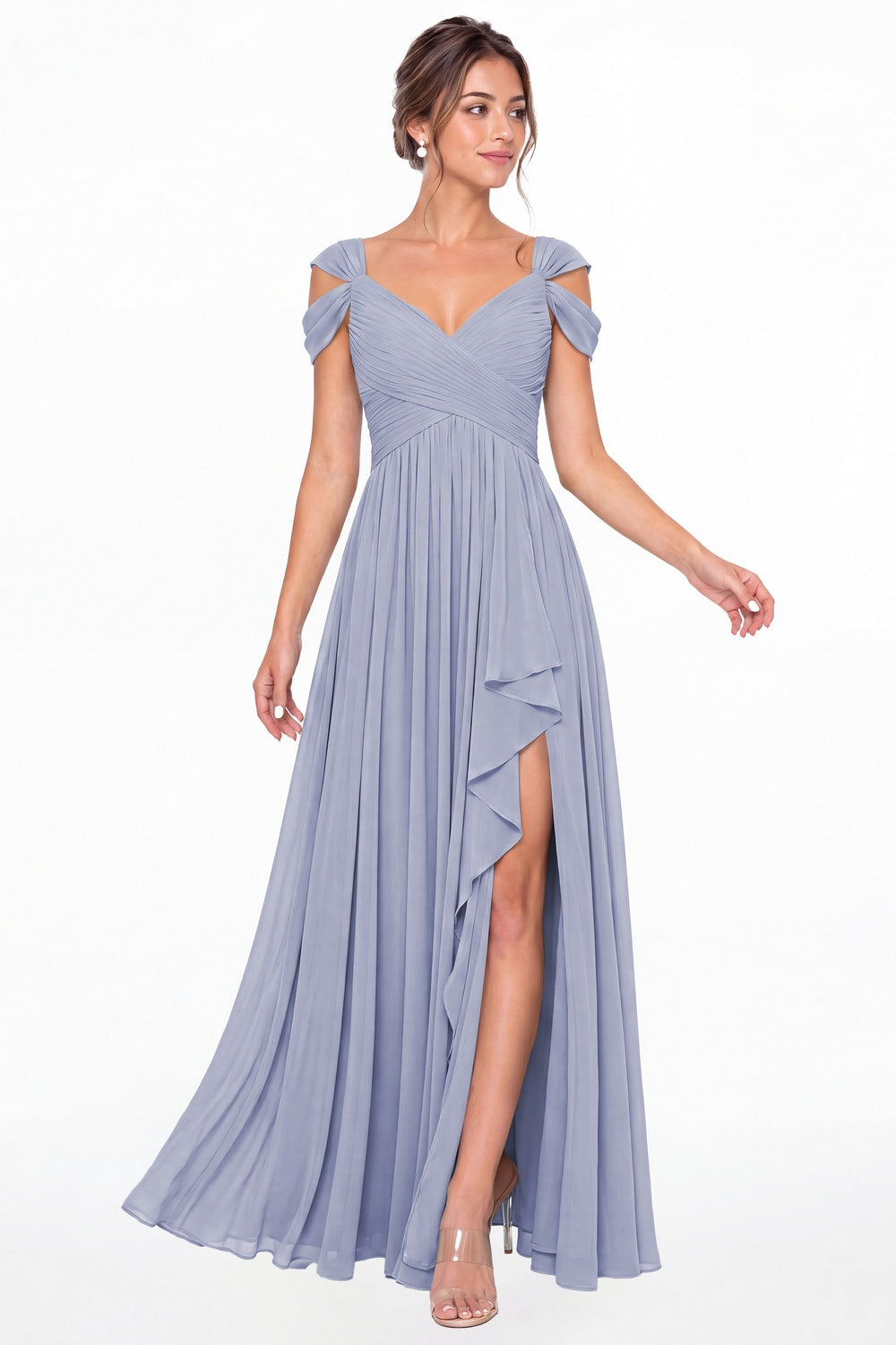 Lavender V Neck Chiffon Ruched Ruffle Slit Bridesmaid Dress - Front View