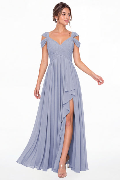 Lavender V Neck Chiffon Ruched Ruffle Slit Bridesmaid Dress - Front View
