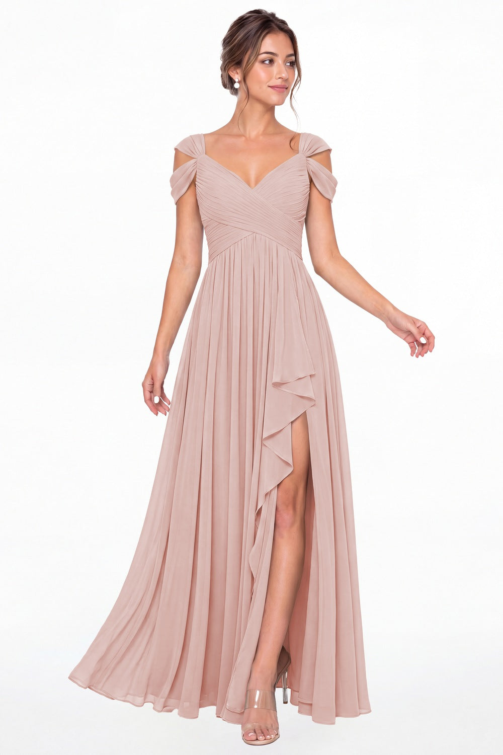 Light Pink V Neck Chiffon Ruched Ruffle Slit Bridesmaid Dress - Front View