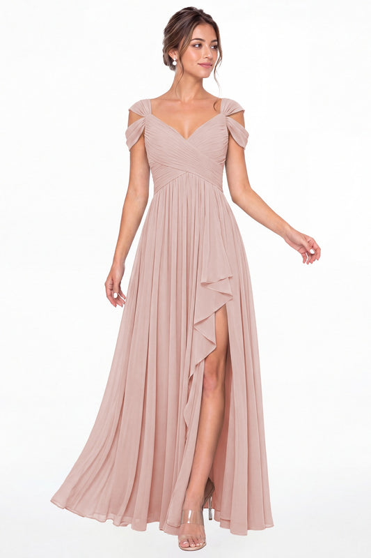 Light Pink V Neck Chiffon Ruched Ruffle Slit Bridesmaid Dress - Front View