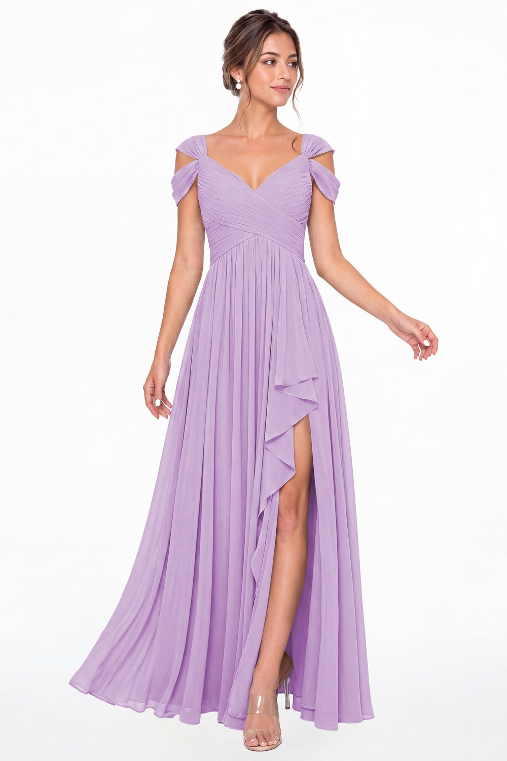 Lilac V Neck Chiffon Ruched Ruffle Slit Bridesmaid Dress - Front View