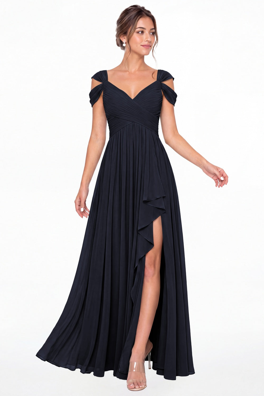 Navy Blue V Neck Chiffon Ruched Ruffle Slit Bridesmaid Dress - Front View