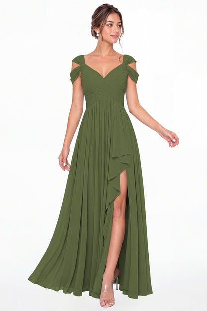 Olive Green V Neck Chiffon Ruched Ruffle Slit Bridesmaid Dress - Front View