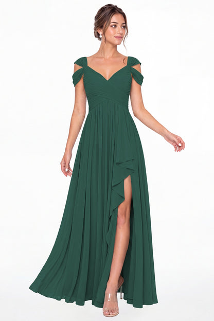 Peacock V Neck Chiffon Ruched Ruffle Slit Bridesmaid Dress - Front View