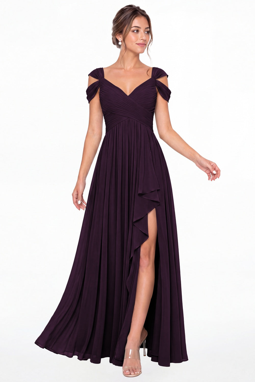 Plum V Neck Chiffon Ruched Ruffle Slit Bridesmaid Dress - Front View