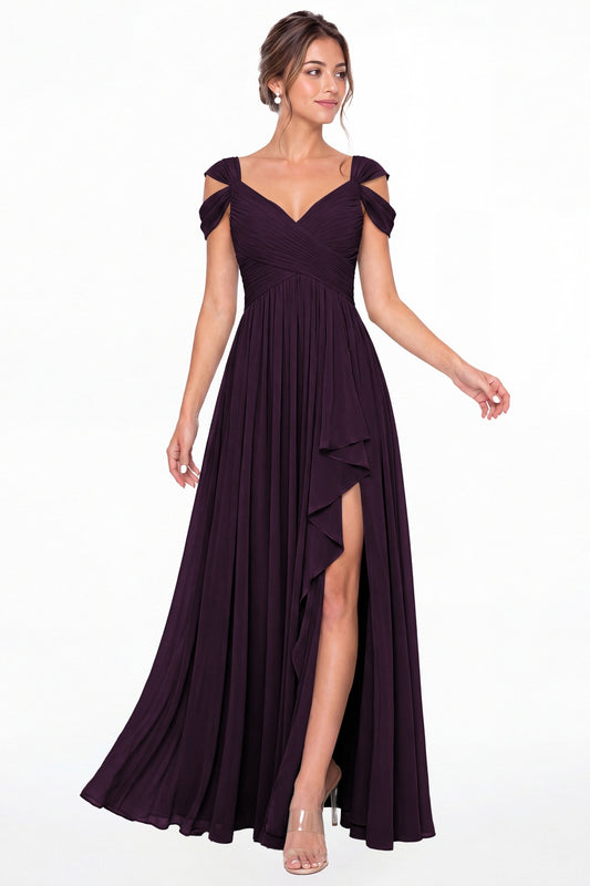 Plum V Neck Chiffon Ruched Ruffle Slit Bridesmaid Dress - Front View