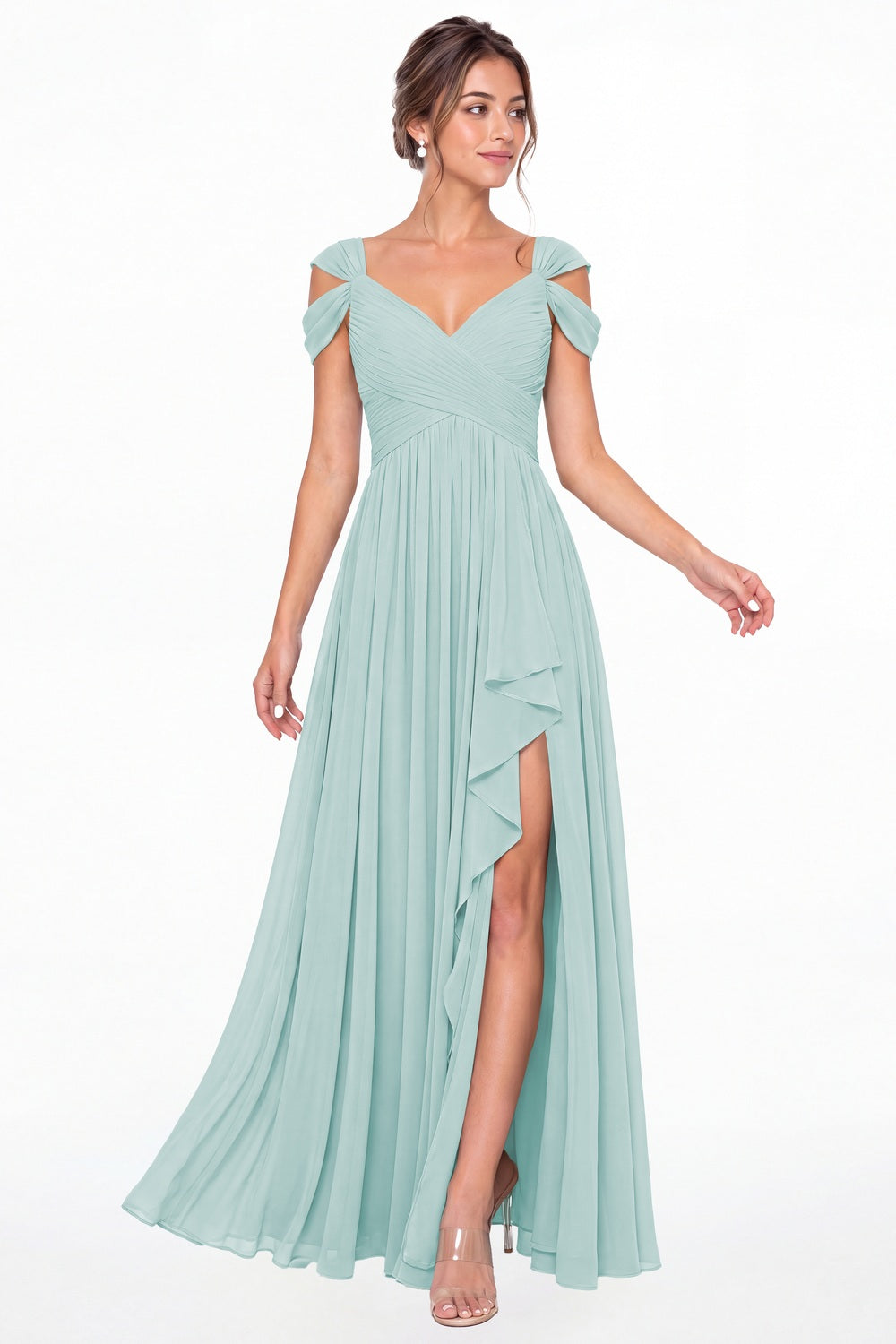 Powder Blue V Neck Chiffon Ruched Ruffle Slit Bridesmaid Dress - Front View