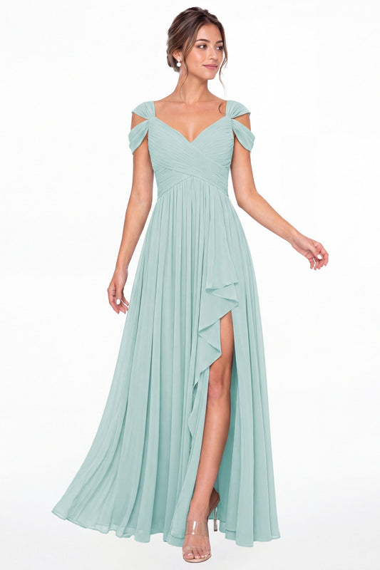Powder Blue V Neck Chiffon Ruched Ruffle Slit Bridesmaid Dress - Front View