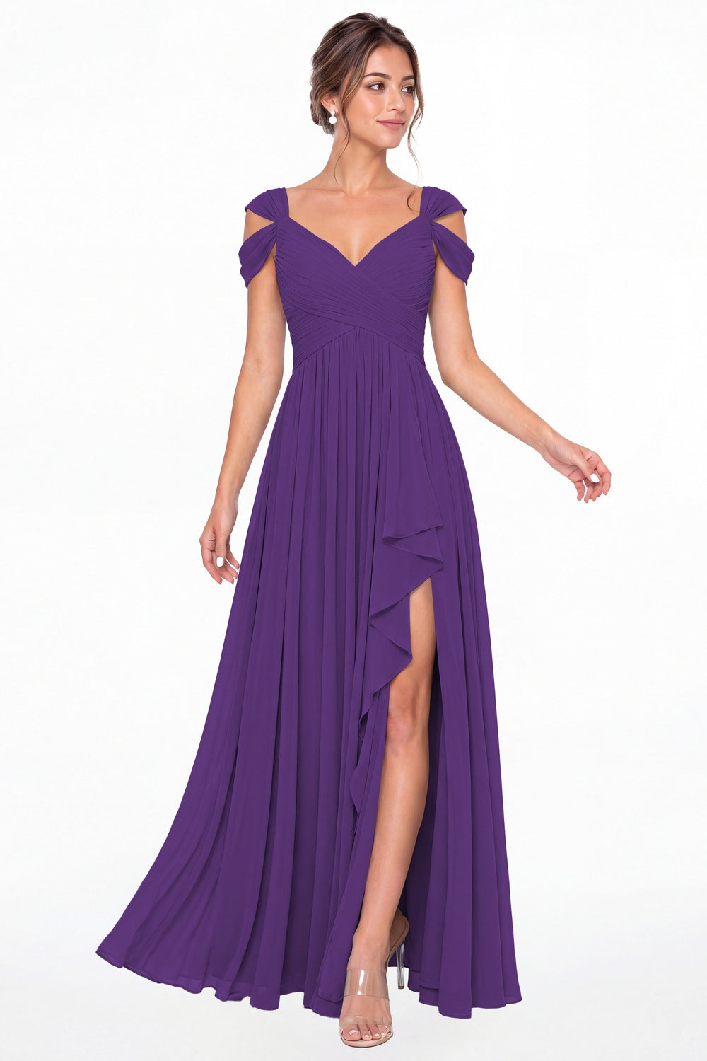 Purple V Neck Chiffon Ruched Ruffle Slit Bridesmaid Dress - Front View