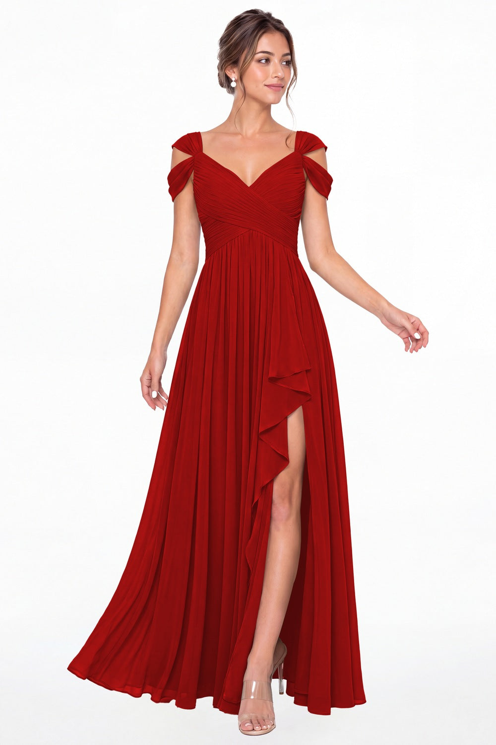 Red V Neck Chiffon Ruched Ruffle Slit Bridesmaid Dress - Front View