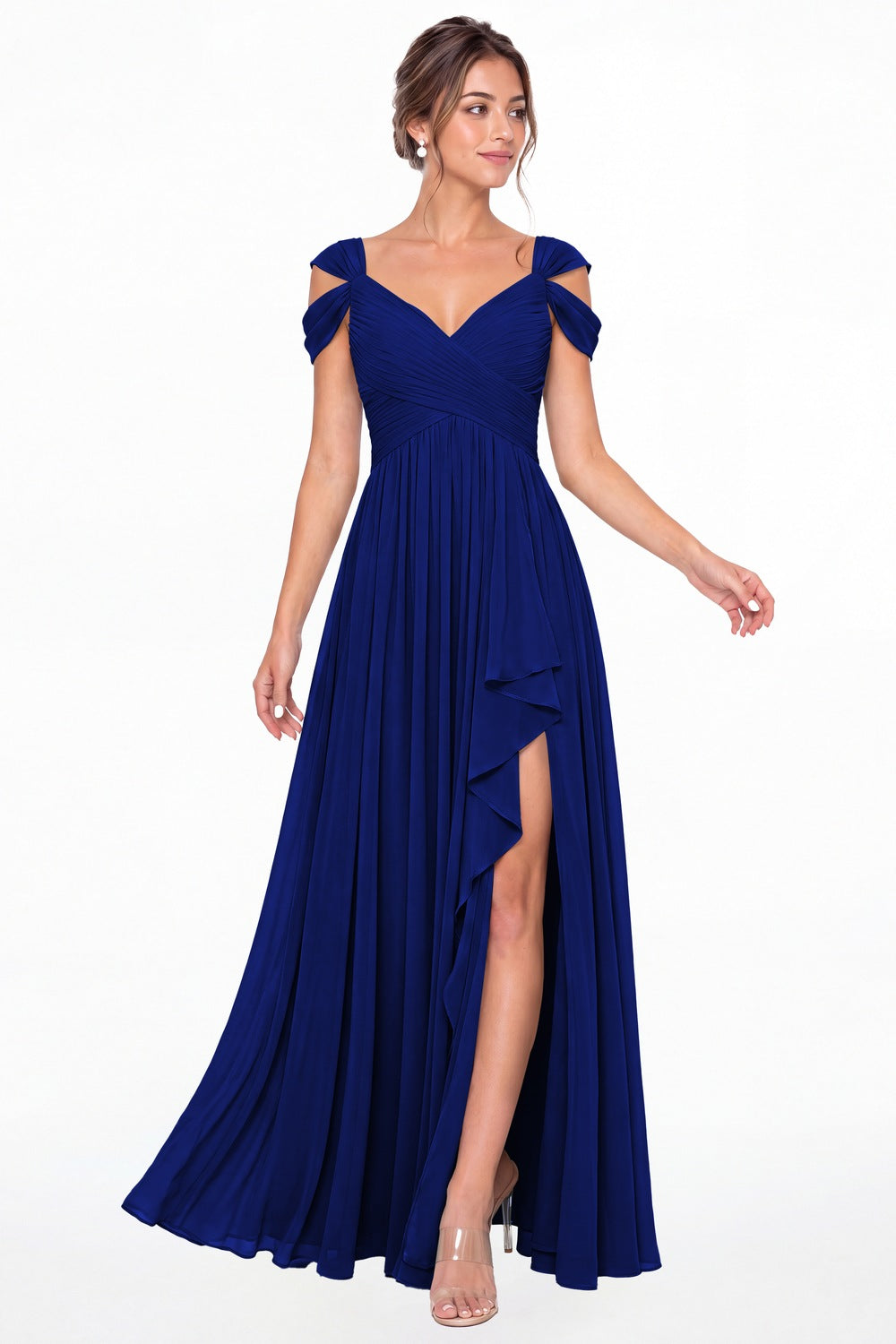 Royal Blue V Neck Chiffon Ruched Ruffle Slit Bridesmaid Dress - Front View