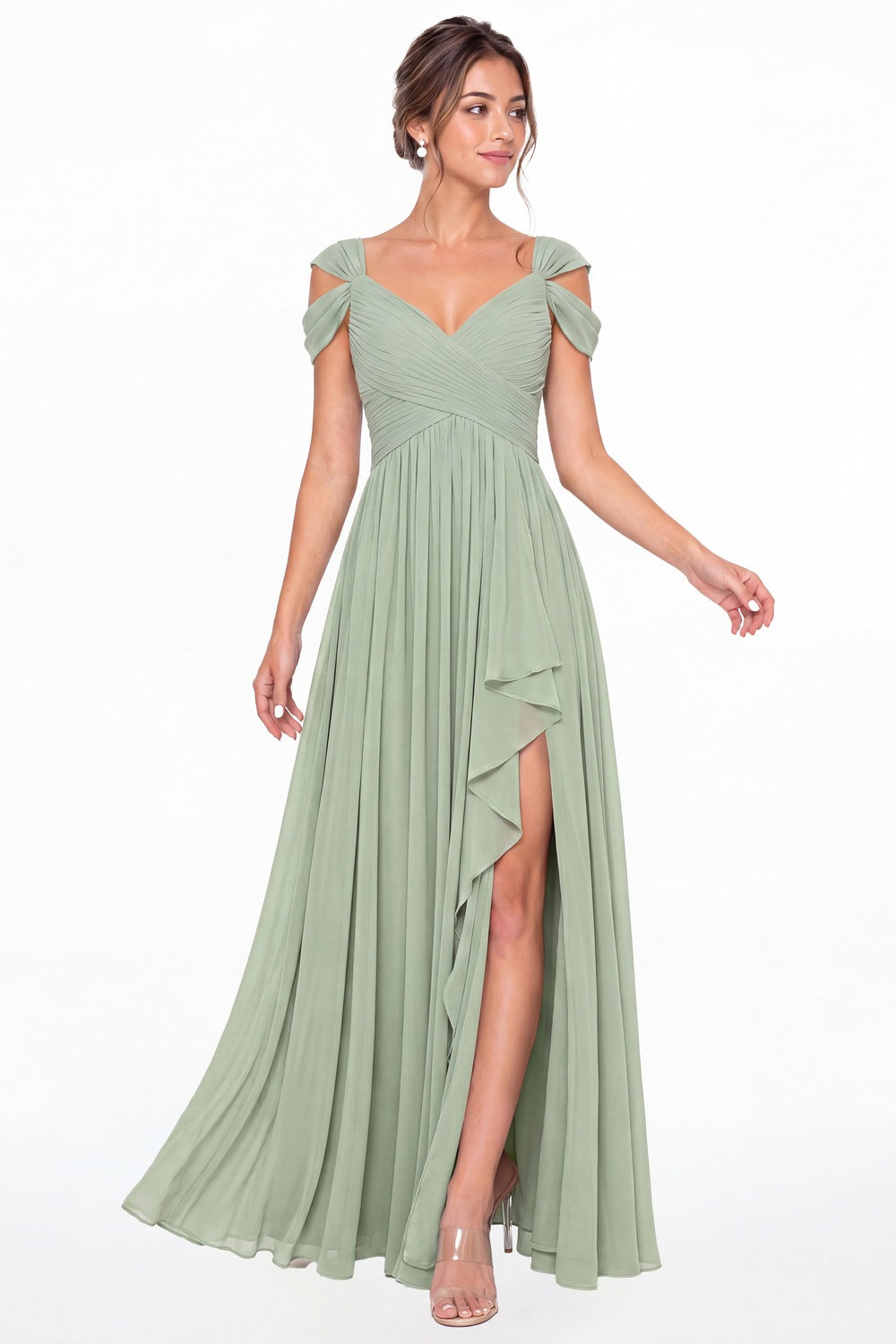 Sage Green V Neck Chiffon Ruched Ruffle Slit Bridesmaid Dress - Front View
