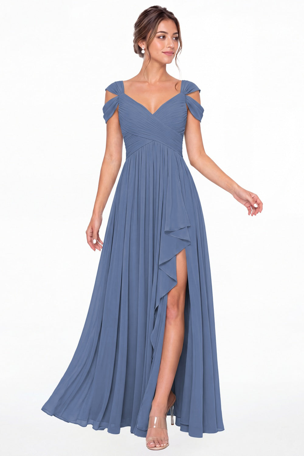 Steel Blue V Neck Chiffon Ruched Ruffle Slit Bridesmaid Dress - Front View
