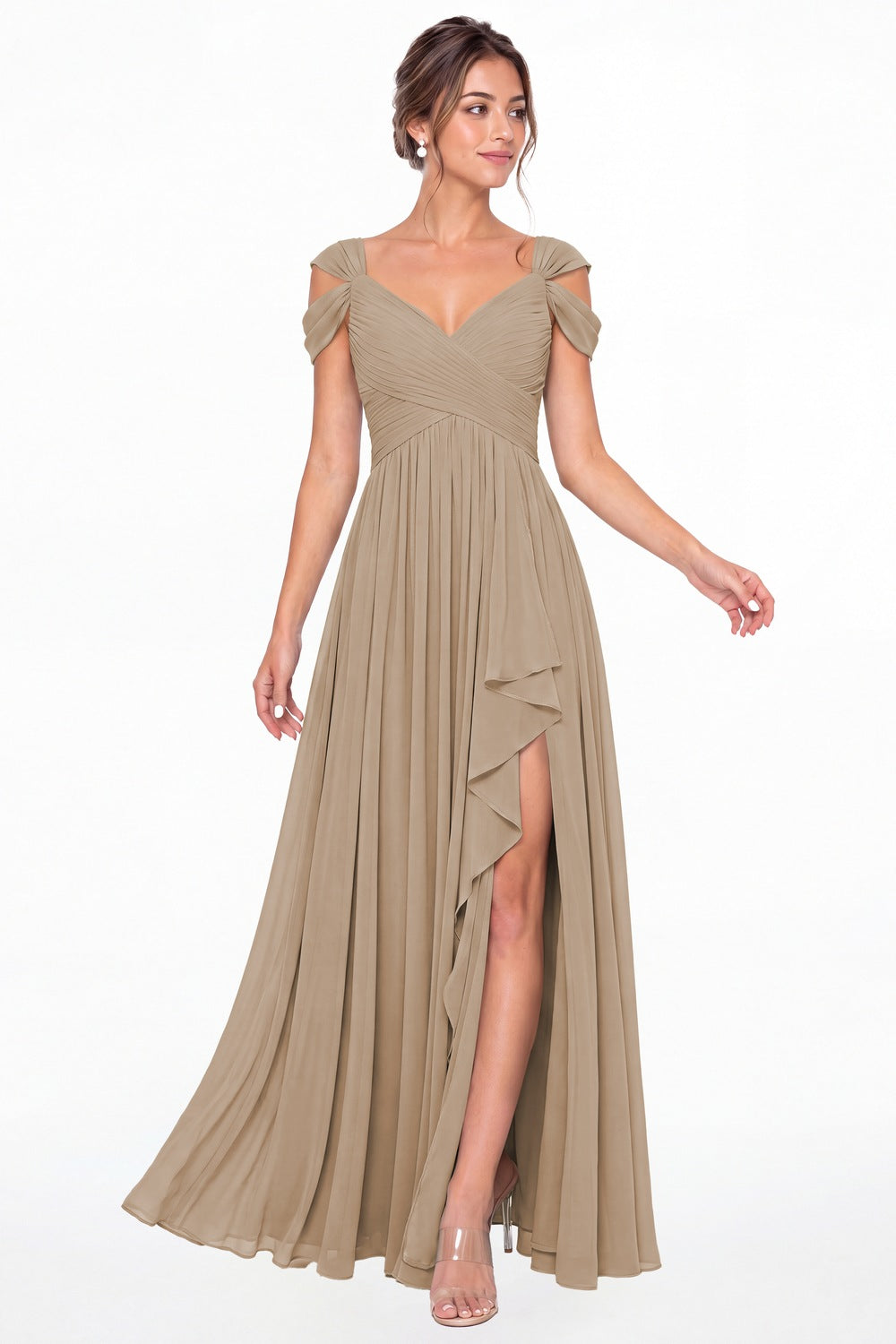 Taupe V Neck Chiffon Ruched Ruffle Slit Bridesmaid Dress - Front View