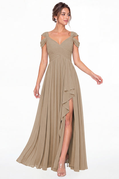 Taupe V Neck Chiffon Ruched Ruffle Slit Bridesmaid Dress - Front View