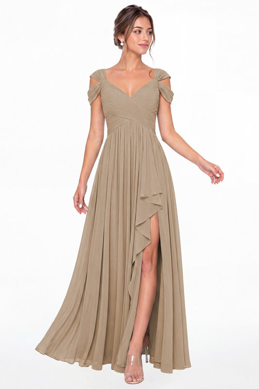 Taupe V Neck Chiffon Ruched Ruffle Slit Bridesmaid Dress - Front View