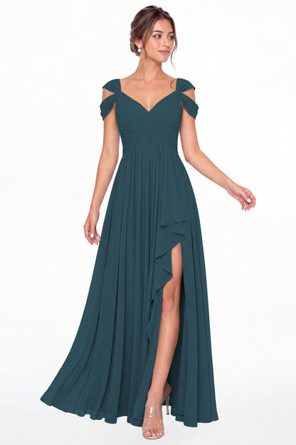 Teal V Neck Chiffon Ruched Ruffle Slit Bridesmaid Dress - Front View