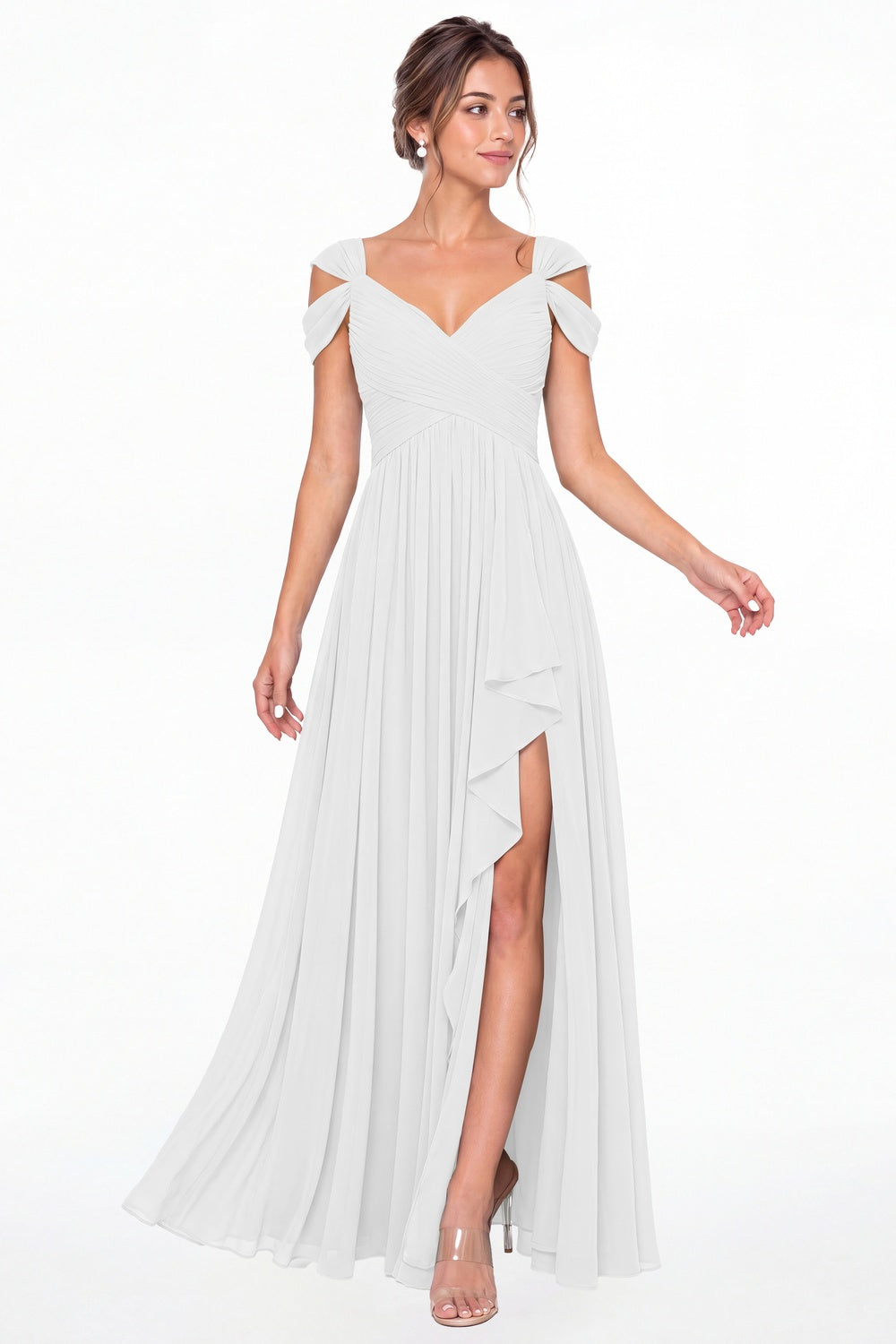 White V Neck Chiffon Ruched Ruffle Slit Bridesmaid Dress - Front View