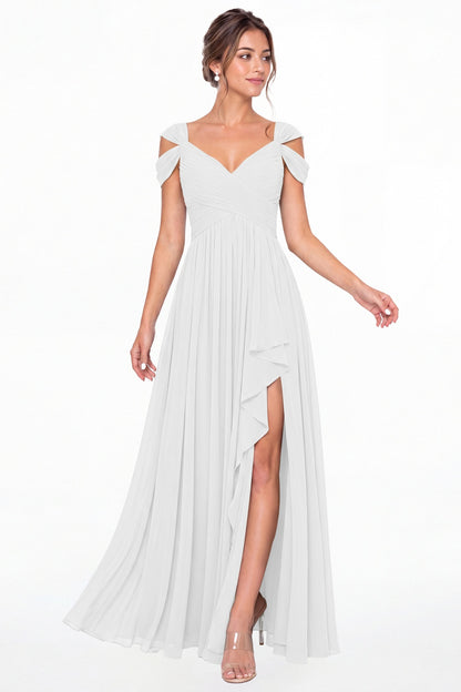 White V Neck Chiffon Ruched Ruffle Slit Bridesmaid Dress - Front View