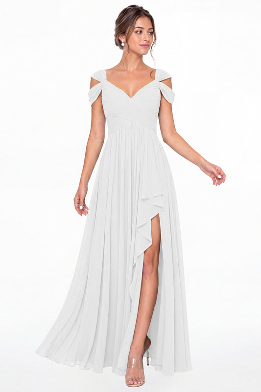 White V Neck Chiffon Ruched Ruffle Slit Bridesmaid Dress - Front View