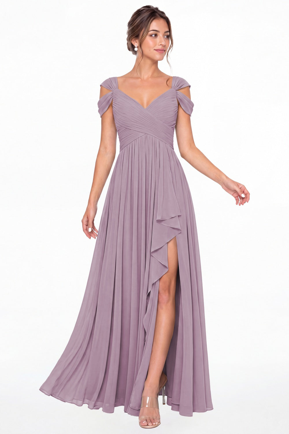 Wisteria V Neck Chiffon Ruched Ruffle Slit Bridesmaid Dress - Front View