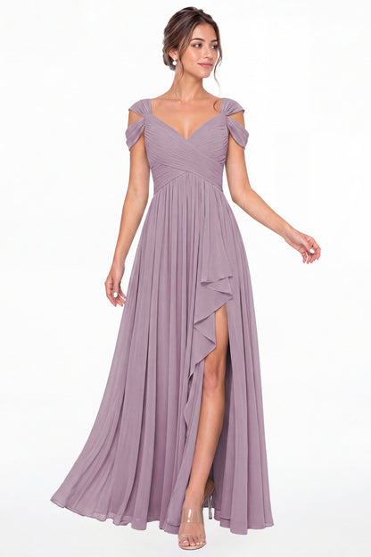 Wisteria V Neck Chiffon Ruched Ruffle Slit Bridesmaid Dress - Front View