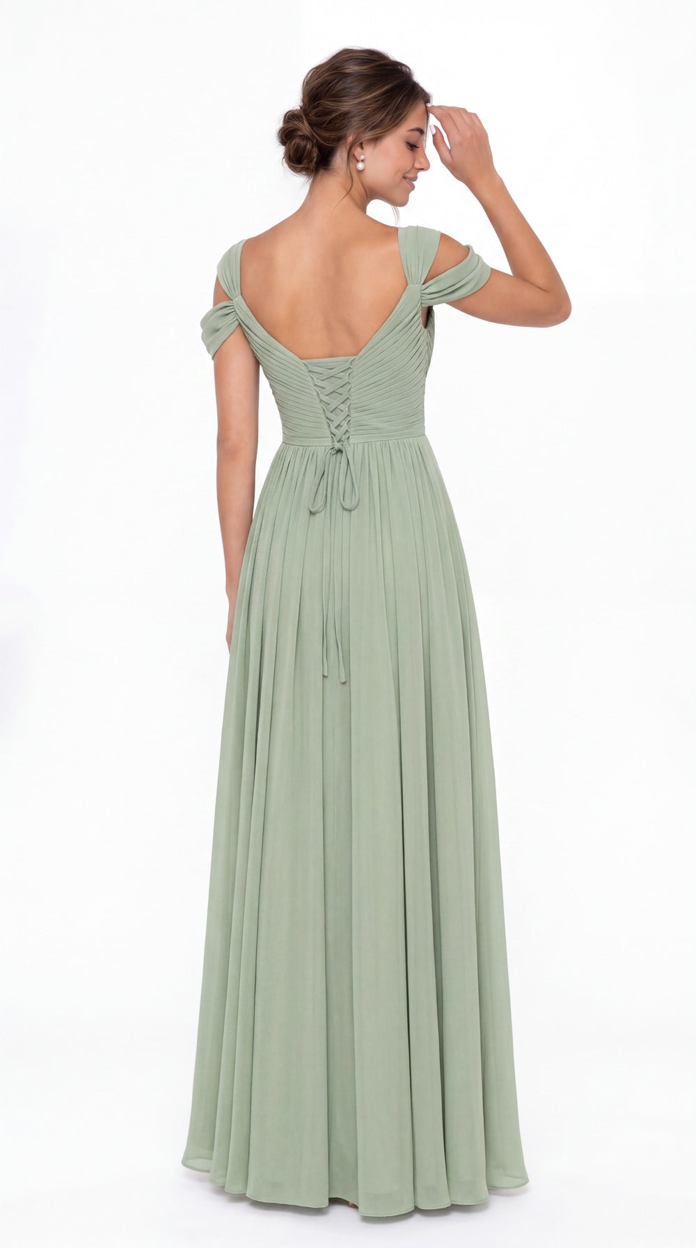 Aqua Blue V Neck Chiffon Ruched Ruffle Slit Bridesmaid Dress - Front View