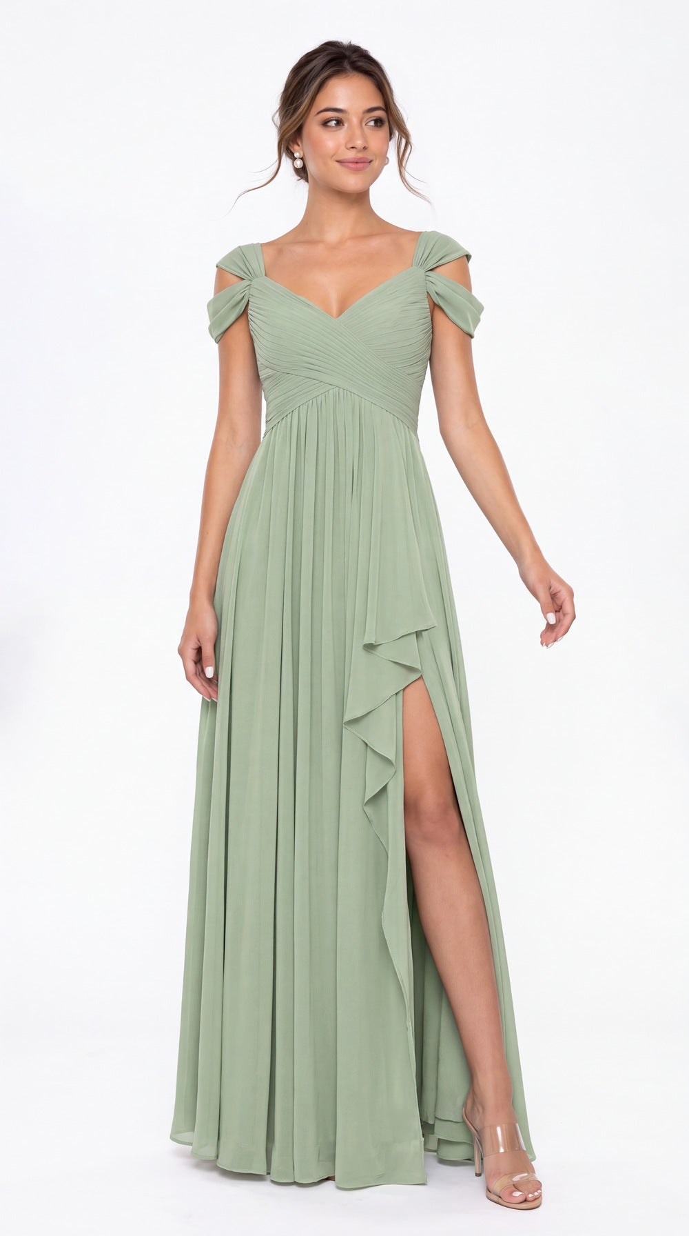 V Neck Chiffon Ruched Ruffle Slit Bridesmaid Dress - Back View