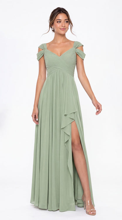 V Neck Chiffon Ruched Ruffle Slit Bridesmaid Dress - Back View