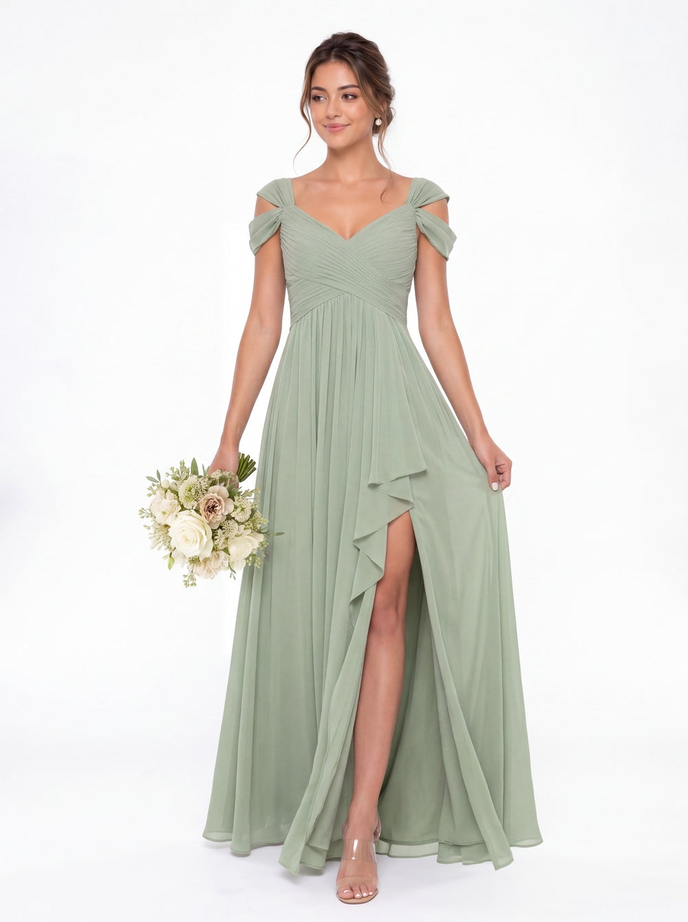 V Neck Chiffon Ruched Ruffle Slit Bridesmaid Dress - Detail View 2