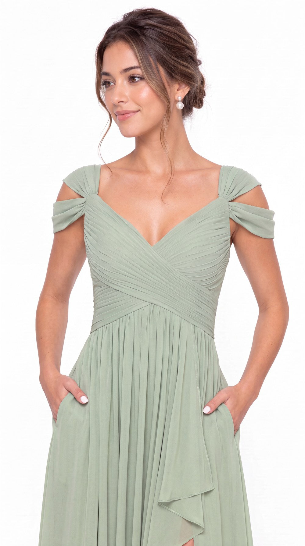 V Neck Chiffon Ruched Ruffle Slit Bridesmaid Dress - Detail View 3