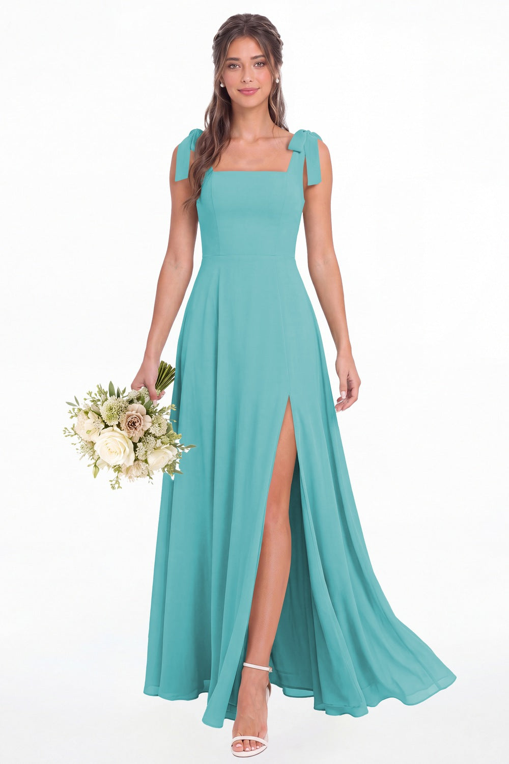 Aqua Blue Square Neck Chiffon Bow Strap Maxi Bridesmaid Dress - Front View