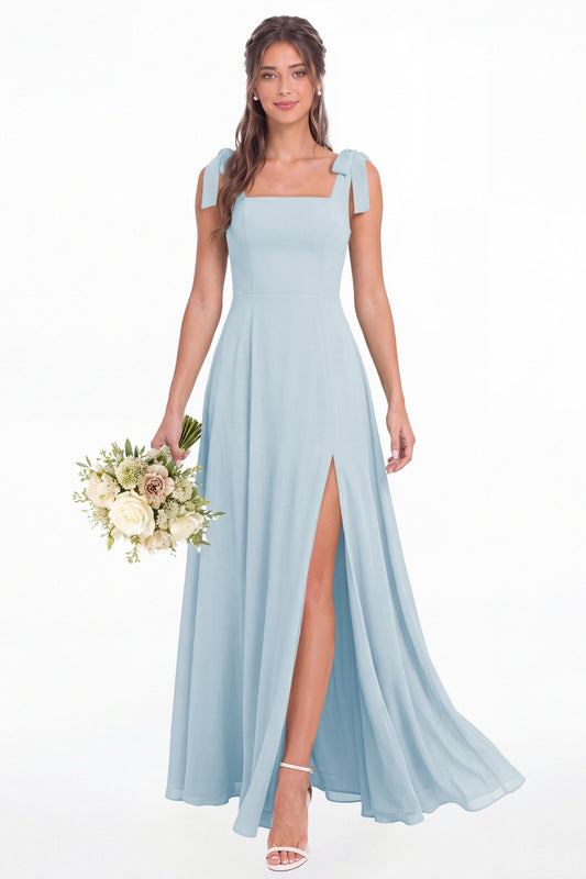 Baby Blue Square Neck Chiffon Bow Strap Maxi Bridesmaid Dress - Front View