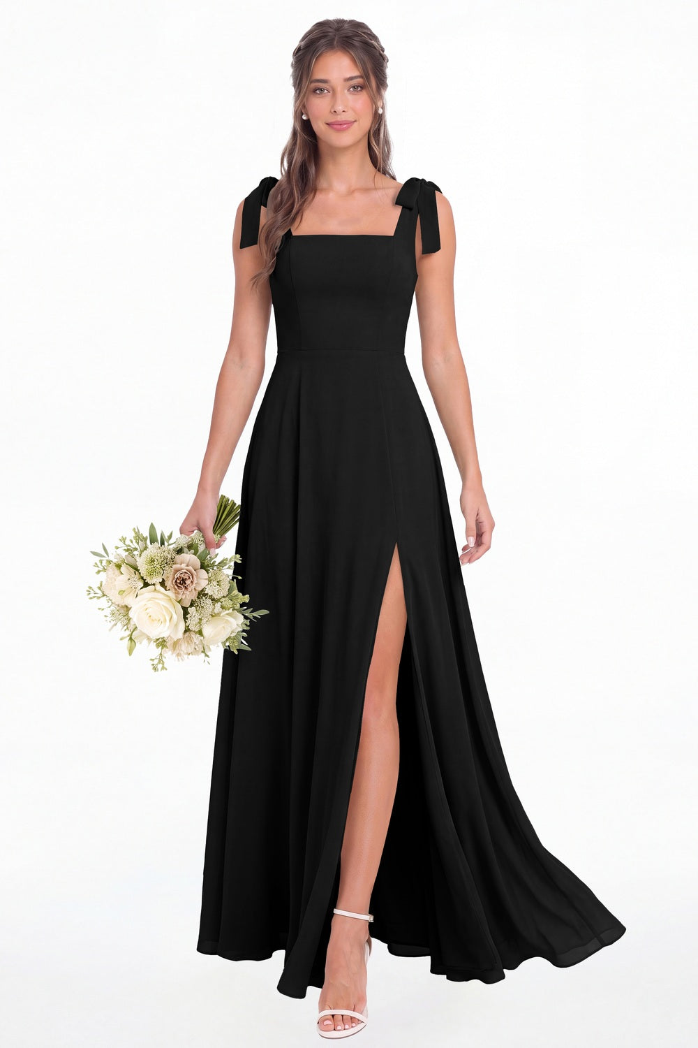 Black Square Neck Chiffon Bow Strap Maxi Bridesmaid Dress - Front View