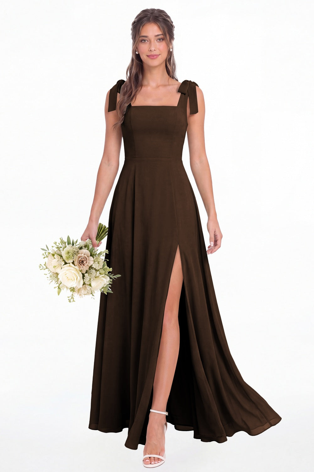 Brown Square Neck Chiffon Bow Strap Maxi Bridesmaid Dress - Front View