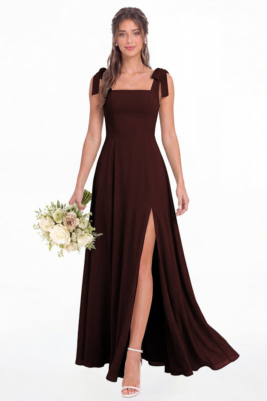 Burgundy Square Neck Chiffon Bow Strap Maxi Bridesmaid Dress - Front View