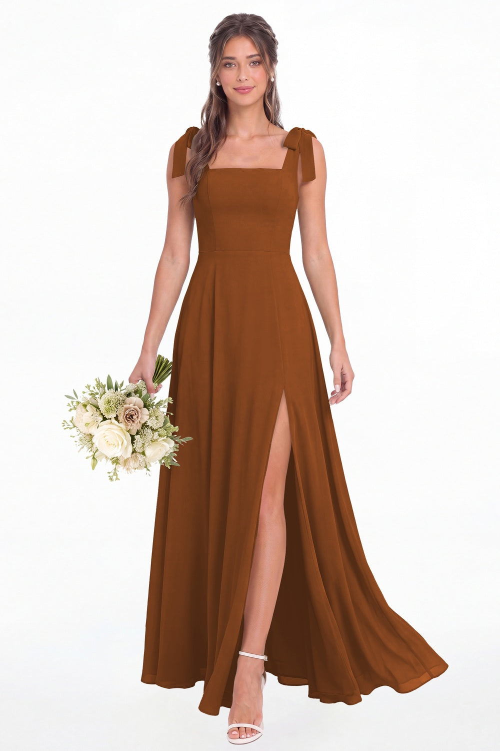 Burnt Orange Square Neck Chiffon Bow Strap Maxi Bridesmaid Dress - Front View