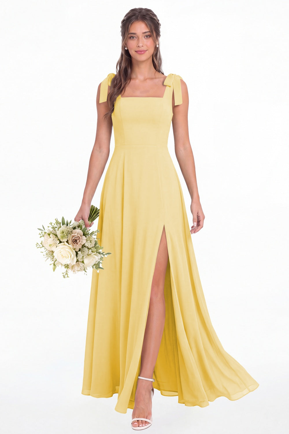 Butter Yellow Square Neck Chiffon Bow Strap Maxi Bridesmaid Dress - Front View