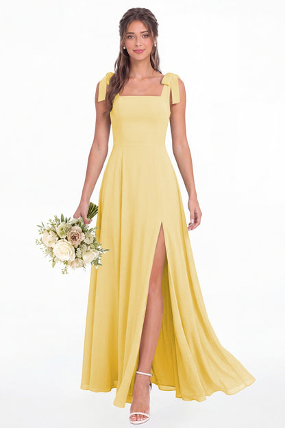 Butter Yellow Square Neck Chiffon Bow Strap Maxi Bridesmaid Dress - Front View