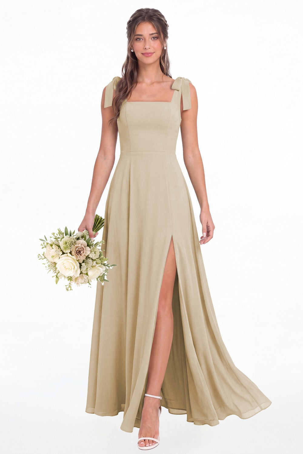 Champagne Square Neck Chiffon Bow Strap Maxi Bridesmaid Dress - Front View
